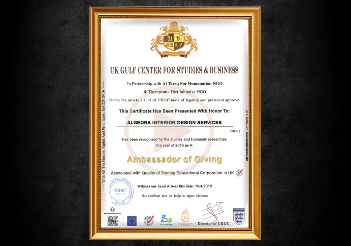 Algedra awarded ambassador of giving Certificate